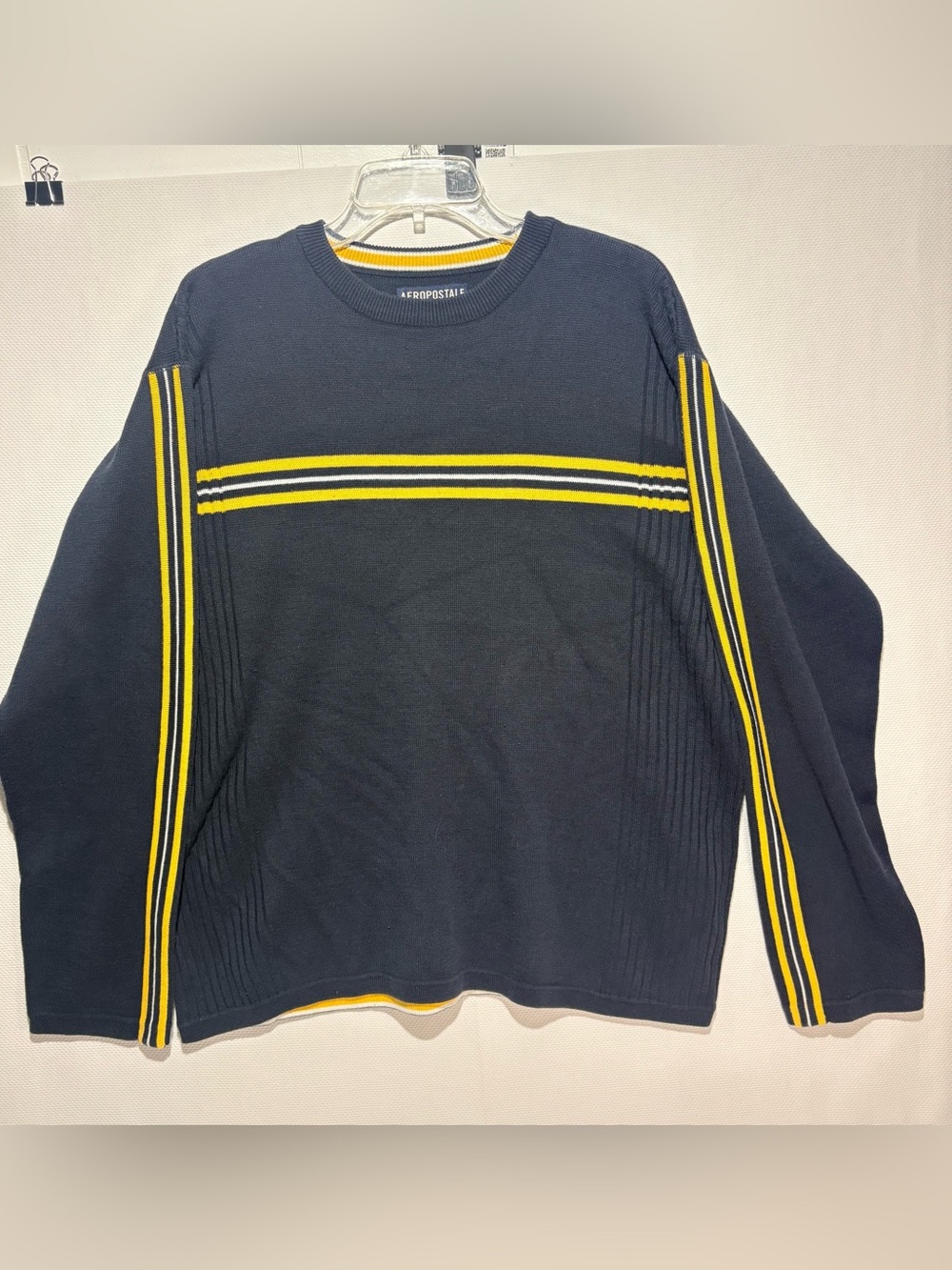 Vintage Aeropostale Men's Navy Crewneck Sweater with Yellow Stripes